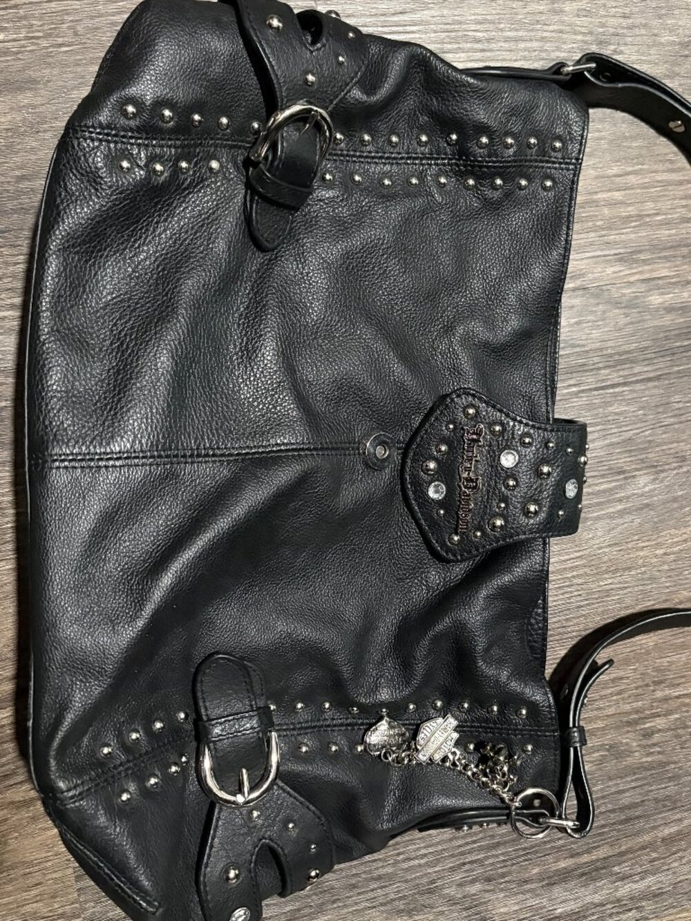 Harley Davidson Genuine Leather HD Black Rhinestone Studded Pocketbook Purse